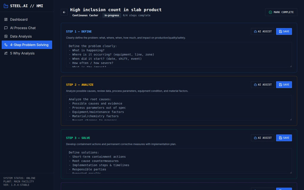 Software interface for problem-solving in a production process with text and buttons on a dark background.