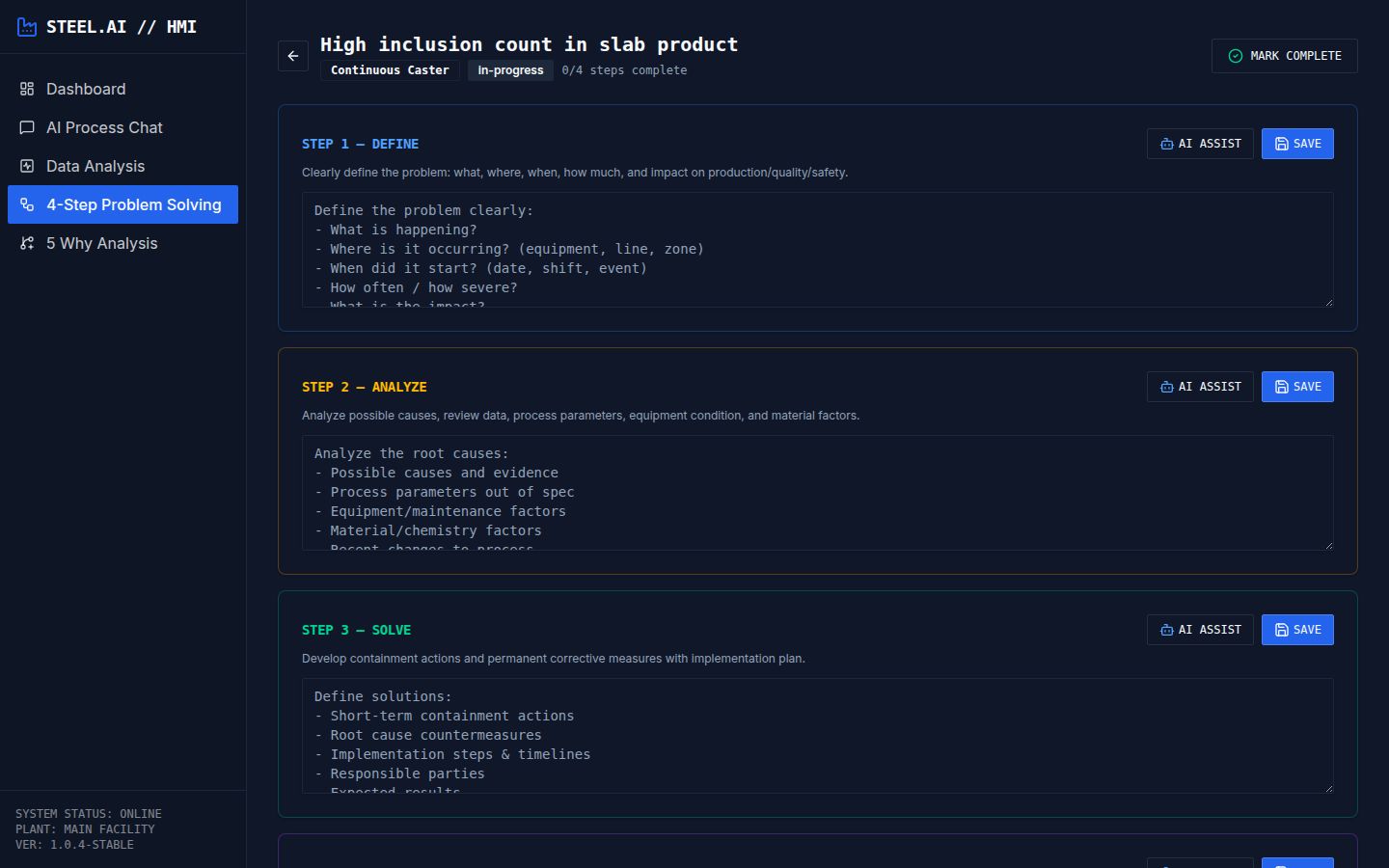 Software interface for problem-solving in a production process with text and buttons on a dark background.